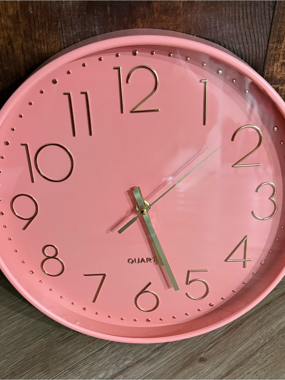 Pink Wall Clock with Gold Numerals and Hands - Quartz
